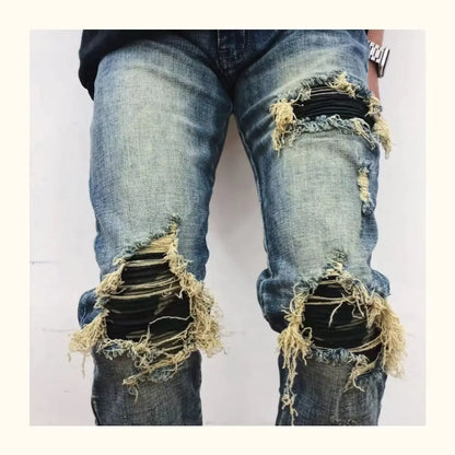 Ripped Patch Slim Fit Camouflage Winter Jeans for Men