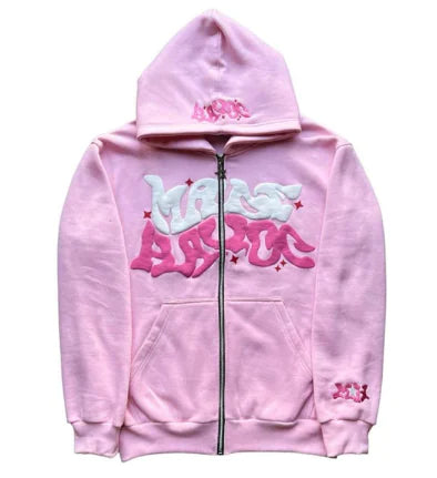 Y2K Plus Size Pink Printed Zipper Hoodie (One Item)