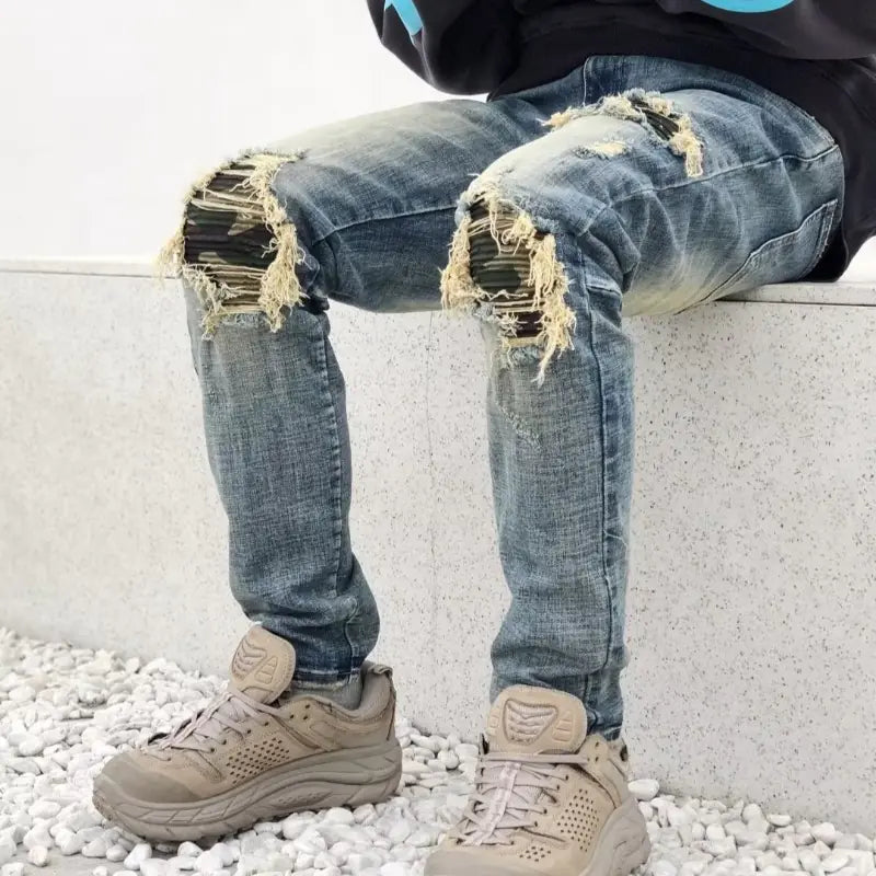 Ripped Patch Slim Fit Camouflage Winter Jeans for Men