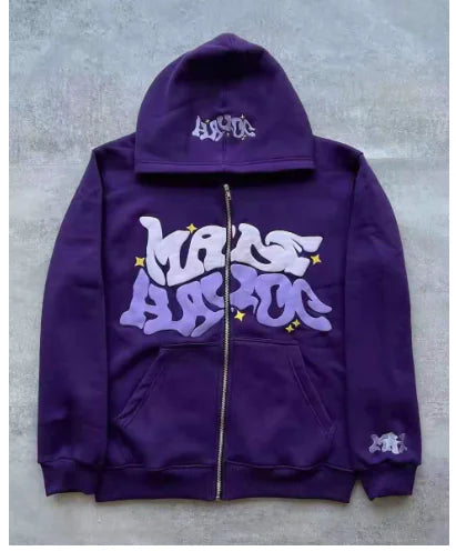 Y2K Plus Size Pink Printed Zipper Hoodie (One Item)