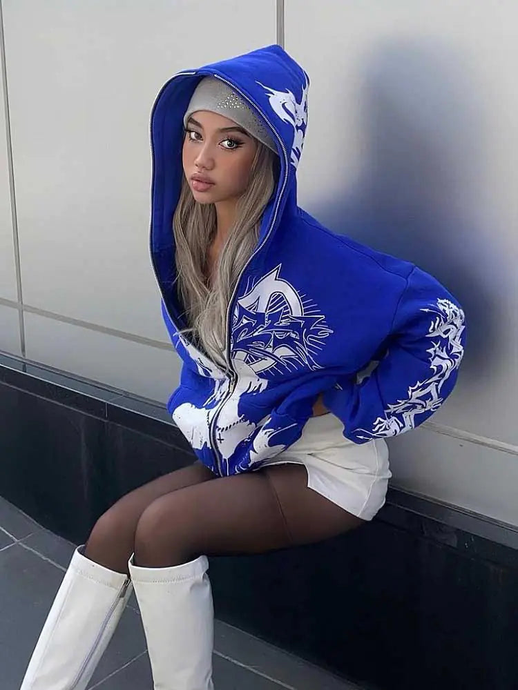 Y2K Harajuku EMO Skeleton Love Pattern Zipper Cardigan