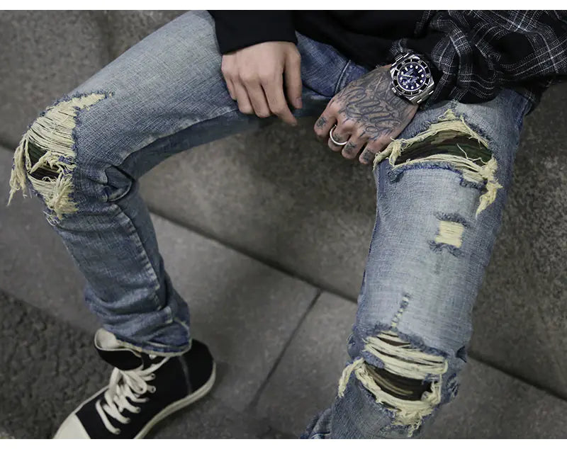 Ripped Patch Slim Fit Camouflage Winter Jeans for Men